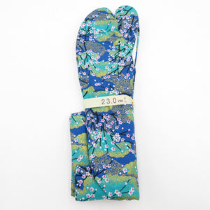 柄足袋 23.0cm 青・緑色 桜柄 底面白色 日本製 たびや 一輪館 綿100％ 4枚こはぜ レディース 女性用 足袋 着付け小物 カジュアル
