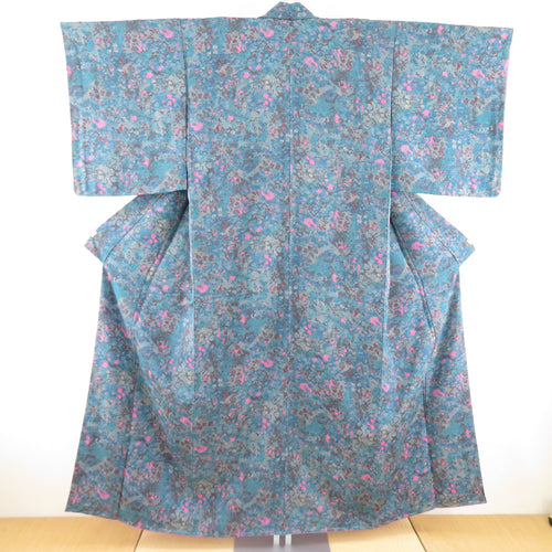 Komon Oriental -style silk turquoise color Bachi collar lined casual tailoring kimono 154cm beautiful goods