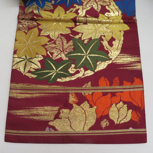 名古屋帯 人絹 アンティーク 紅葉柄 六通柄 紫色 九寸帯 仕立て上がり 着物帯 レトロ 長さ337cm