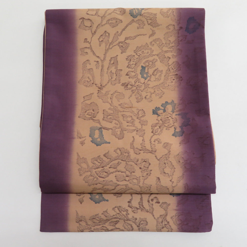 袋帯 染文様 花唐草 紬 正絹 洒落袋帯 赤紫茶色 六通柄 仕立て上がり 長さ464cm 美品