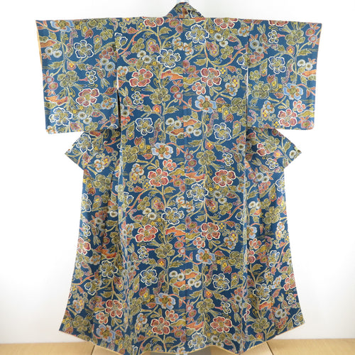 Komon Crepe Flowers Pure Silk Pure Blue Blue Blue Blue Wide Collar Lined Casual Tailoring Kimono 151cm Beautiful goods