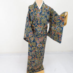 Komon Crepe Flowers Pure Silk Pure Blue Blue Blue Blue Wide Collar Lined Casual Tailoring Kimono 151cm Beautiful goods