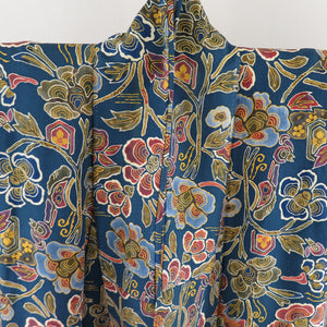 Komon Crepe Flowers Pure Silk Pure Blue Blue Blue Blue Wide Collar Lined Casual Tailoring Kimono 151cm Beautiful goods