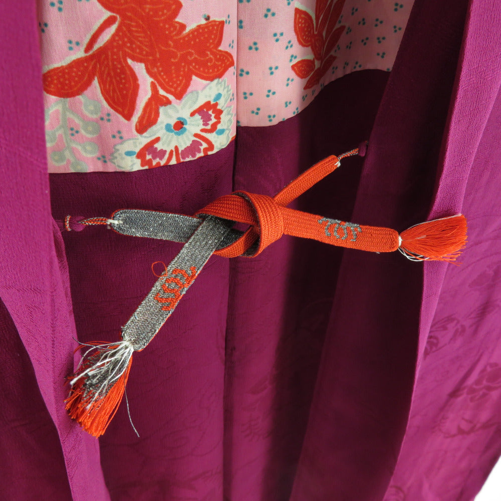 羽織 アンティーク 長羽織 花丸に扇子地紋 一つ紋 正絹 紫色 レトロ