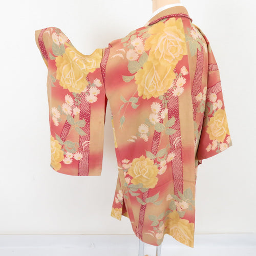 Haori Antique Long Haori Dyed Point Cosmos on Cosmos Bannon Silk Yellow / Pink Retro Taisho Roman Kimon