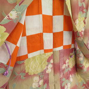 Haori Antique Long Haori Dyed Point Cosmos on Cosmos Bannon Silk Yellow / Pink Retro Taisho Roman Kimon