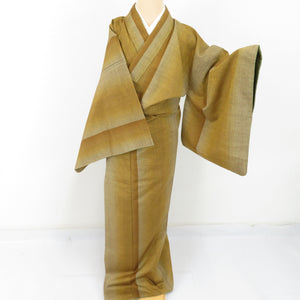 Tsumugi Kimono Gradient Striped Lined Collar Yellow Brown Pure Silk Casual Kimono Tailor