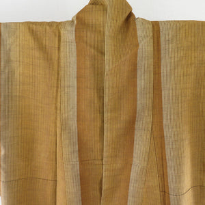 紬 着物 グラデーション 縞 袷 広衿 黄茶色 正絹 カジュアル着物 仕立て上がり 身丈163cm 美品