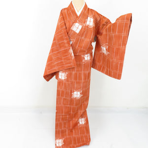 紬 着物 薔薇 袷 広衿 橙色 正絹 カジュアル着物 仕立て上がり 身丈165cm 美品