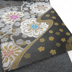 Back belt zone for kimono and cherry blossoms gray color six -handed pure silk thread lame lame thread tailoring kimono