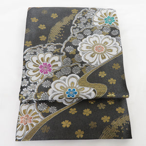 Back belt zone for kimono and cherry blossoms gray color six -handed pure silk thread lame lame thread tailoring kimono