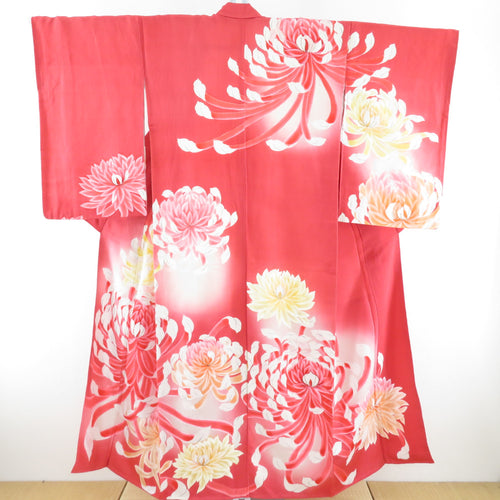 Visit clothes Antique ranged chrysanthemum positive lined drash collar crestless pure silk red -purple tailoring kimono retro Taisho romance 150cm