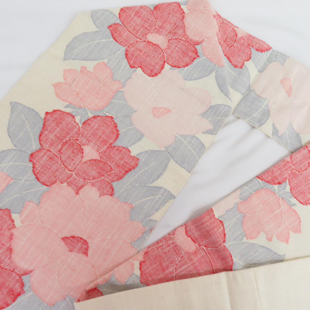名古屋帯 八寸名古屋帯 紬 織文様 白色 ピンク色 花柄 織帯 仕立て 