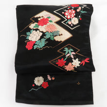 Load image into Gallery viewer, Nagoya obi Pure silk Antique Japanese sashimi Japanese sashimi woven woven Shochiku plum pattern octopus taiko Kingle black -colored kimono retro length 332cm