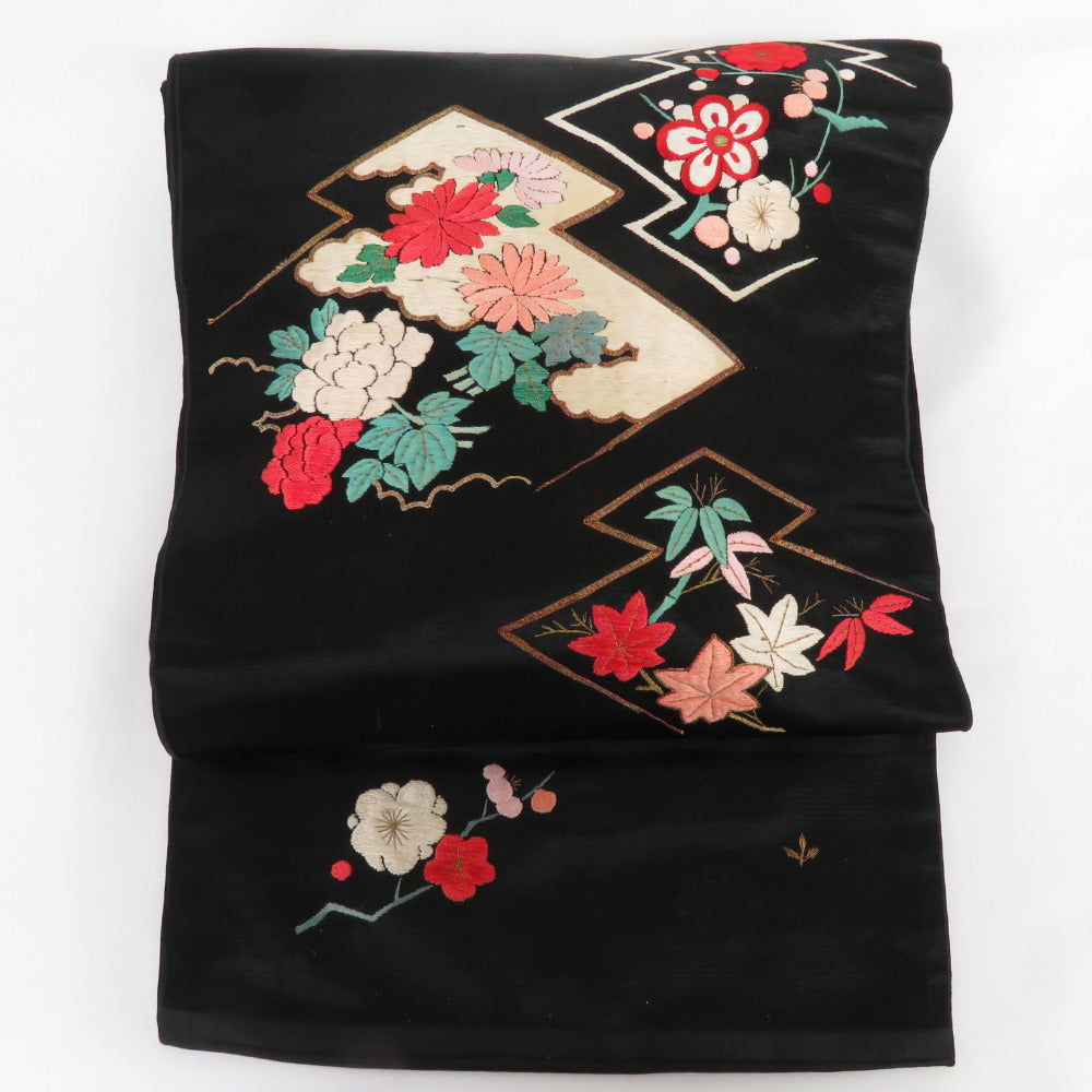 Nagoya obi Pure silk Antique Japanese sashimi Japanese sashimi woven woven Shochiku plum pattern octopus taiko Kingle black -colored kimono retro length 332cm