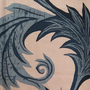 訪問着 アンティーク着物 袷 薄いピンクｘ紺色 植物柄 一つ紋 縫い紋 印入り 正絹 身丈163cm
