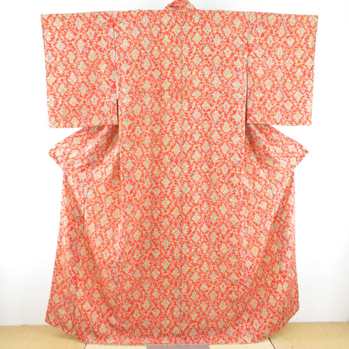 Komon Hanatachi Pure Silk Orange Wide Collar Lined Casual Tailor Railing Kimono Studio 161cm Beautiful goods