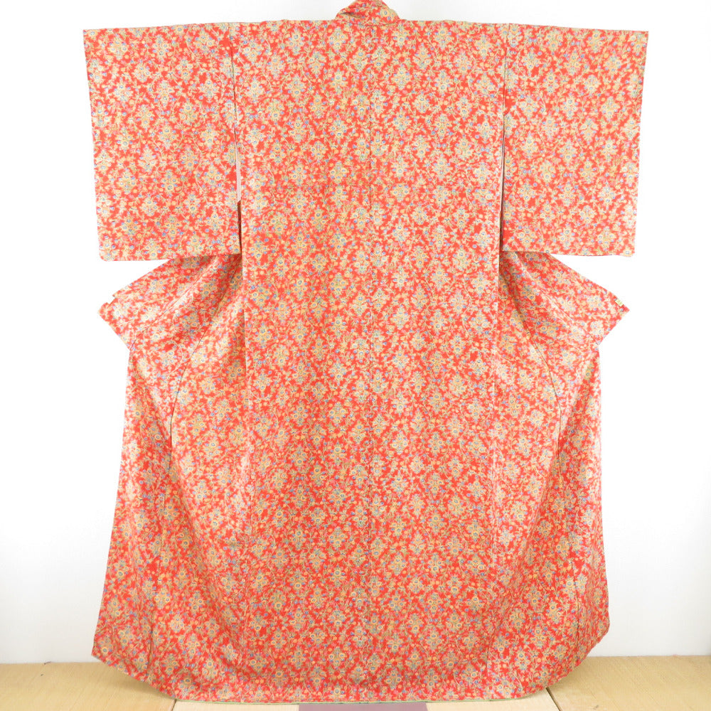 小紋 花立涌 正絹 橙色 広衿 袷 カジュアル 仕立て上がり着物 身丈161cm 美品