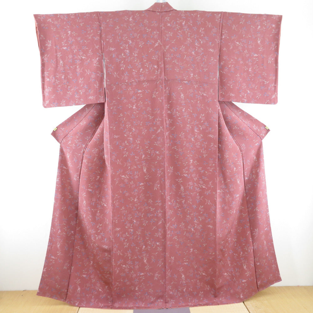 小紋 縮緬 花柄 正絹 赤紫茶色 バチ衿 袷 カジュアル 仕立て上がり着物 身丈164cm 美品