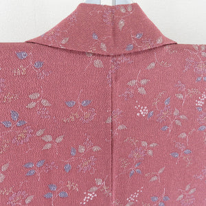 Komon crepe floral pattern pure silk red purple brown brown collar lined Casual tailoring kimono 164cm beautiful goods