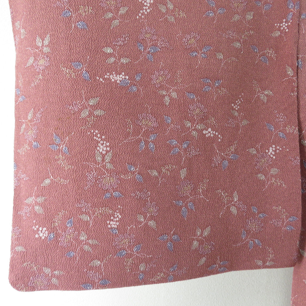 小紋 縮緬 花柄 正絹 赤紫茶色 バチ衿 袷 カジュアル 仕立て上がり着物
