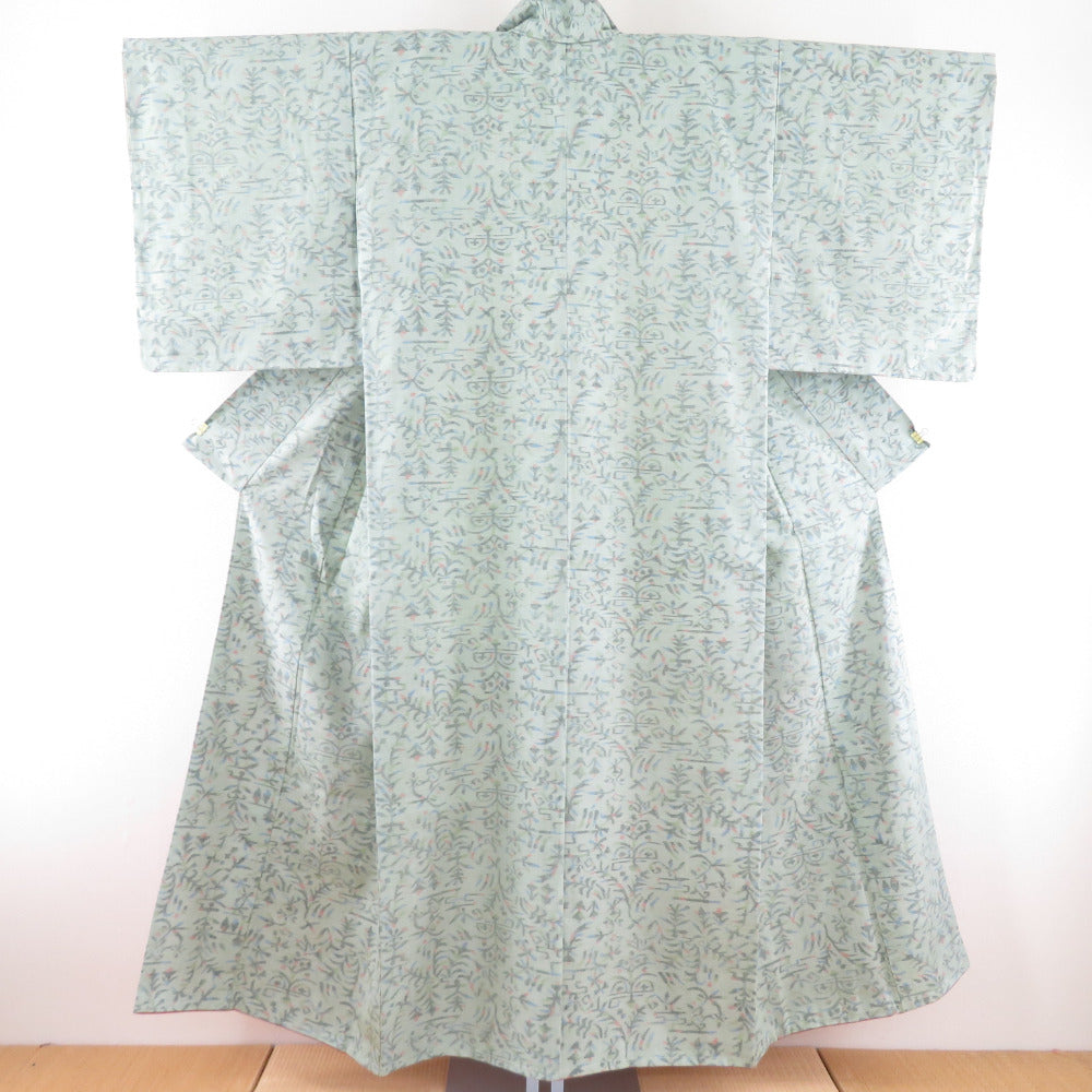 Tsumugi Kimono Oriental Popular Lined Collar Gray Collar Gray Green Silk Casual Casual Kimono Tailor