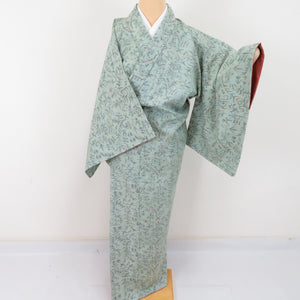 Tsumugi Kimono Oriental Popular Lined Collar Gray Collar Gray Green Silk Casual Casual Kimono Tailor