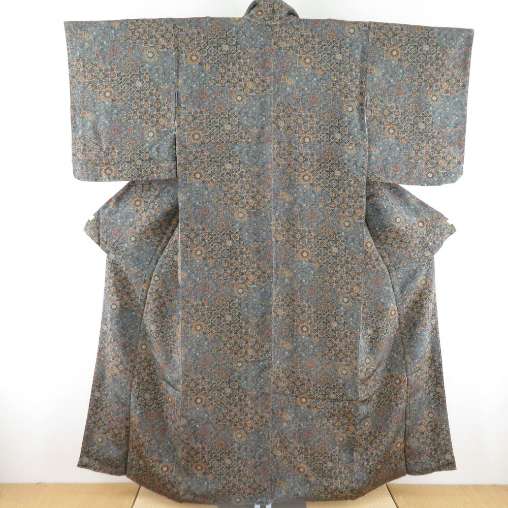 Komon Crepe Saisa Pure Silk Silk Gray Grain Wide Collar Lined Casual Tailoring Kimono 158cm Beautiful goods