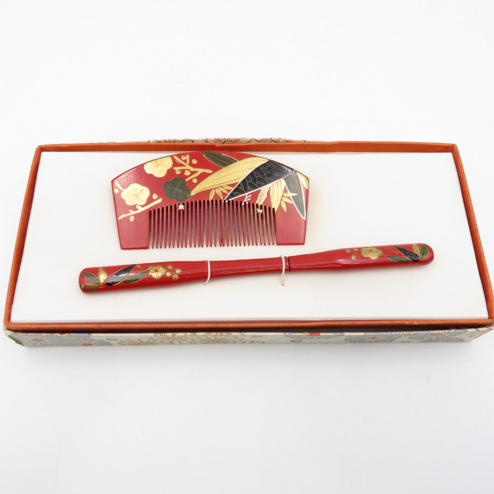 Hair ornaments / Kanzashi front comb set red plum bamboo hairpin