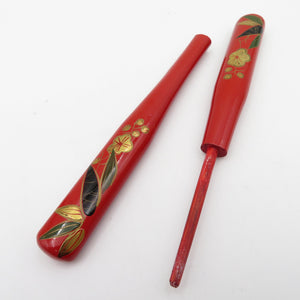 Hair ornaments / Kanzashi front comb set red plum bamboo hairpin