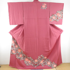 Attached camellia pattern red pink lined lined collar wide collar silk crest tailoring kimono 166cm beautiful goods
