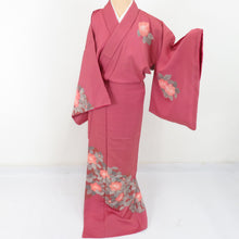 Load image into Gallery viewer, Attached camellia pattern red pink lined lined collar wide collar silk crest tailoring kimono 166cm beautiful goods