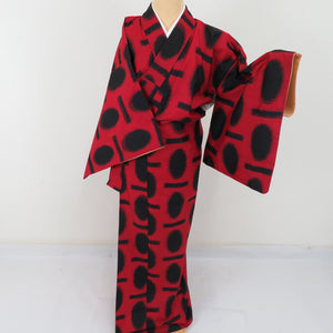 Kimono Antique Meisen Geometric Lined Bee Bee Collar Pure Silk Red / Black Retro Taisho Romance 155cm