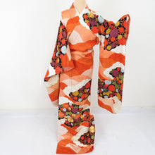 Load image into Gallery viewer, Kimono embroidery foil in the clouds chrysanthemum pure silk pure silk wide collar orange / beige color adult ceremony graduation ceremony formal tailoring kimono 167cm