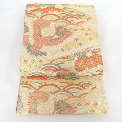 Back Obi Saga Nishiki Ogi surface view Pure silk gold gold thread six -handed pattern pure silk formal tailoring kimono band length 420cm beautiful goods