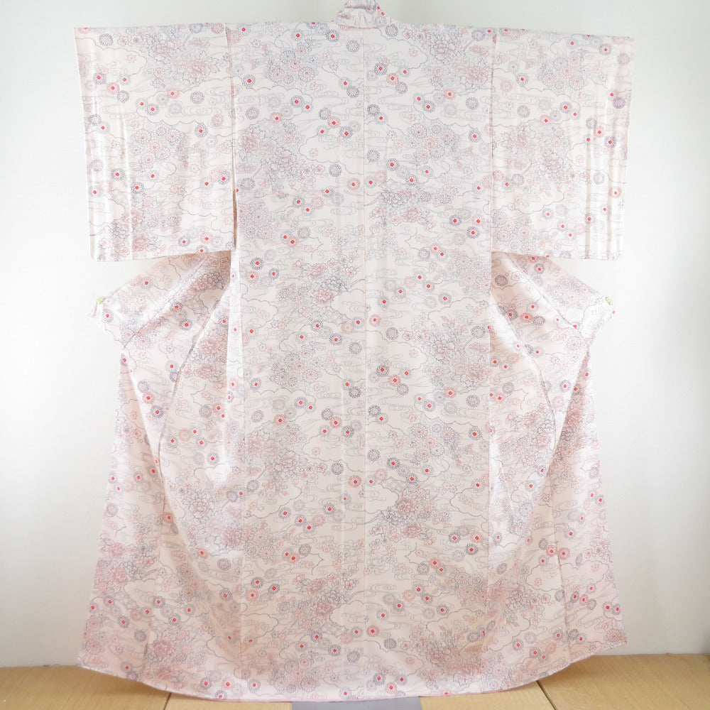 小紋 流水に草花文様 正絹 薄桃色 広衿 袷 カジュアル 仕立て上がり着物 身丈161cm