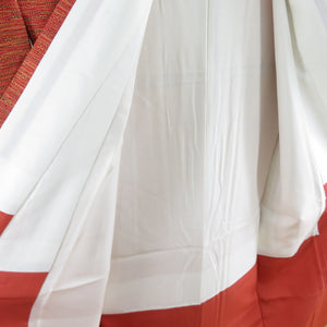 小紋 抽象十字文様 正絹 赤橙色 紬地 広衿 袷 カジュアル 仕立て上がり着物 身丈162cm 美品