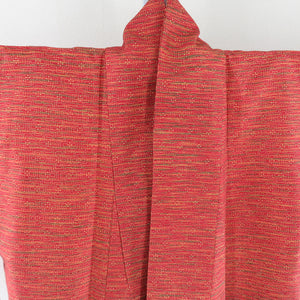 小紋 抽象十字文様 正絹 赤橙色 紬地 広衿 袷 カジュアル 仕立て上がり着物 身丈162cm 美品