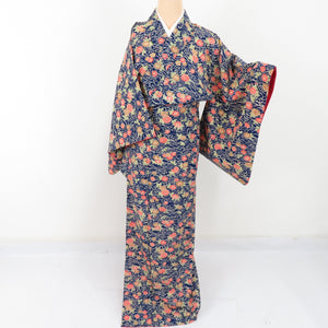 Komon Chrysanthemum Aquarium Pure Silk Navy Blue Bee Collar Lined Casual Tailoring Kimono 158cm Beautiful goods