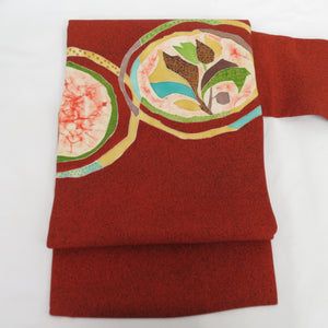 Nagoya obi Pure silk Shiose Hanamaru Red Brown Nine -inch belt Casual tailoring kimono length 337cm beautiful goods