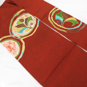 Nagoya obi Pure silk Shiose Hanamaru Red Brown Nine -inch belt Casual tailoring kimono length 337cm beautiful goods