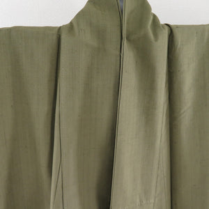 紬 着物 色無地 単衣 広衿 深緑色 正絹 一つ紋 剣片喰紋 仕立て上がり 身丈168cm 美品