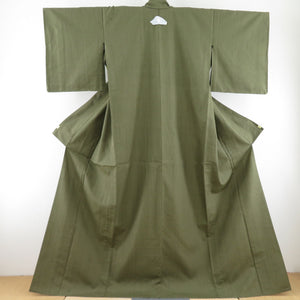 紬 着物 色無地 単衣 広衿 深緑色 正絹 一つ紋 剣片喰紋 仕立て上がり 身丈168cm 美品