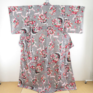 Komon Modern Antenna Modern Antenna Washable Kimono Polyester Flowers Gray Polyester Gray x Red Saaya -shaped Ground Lined Collar Tailor