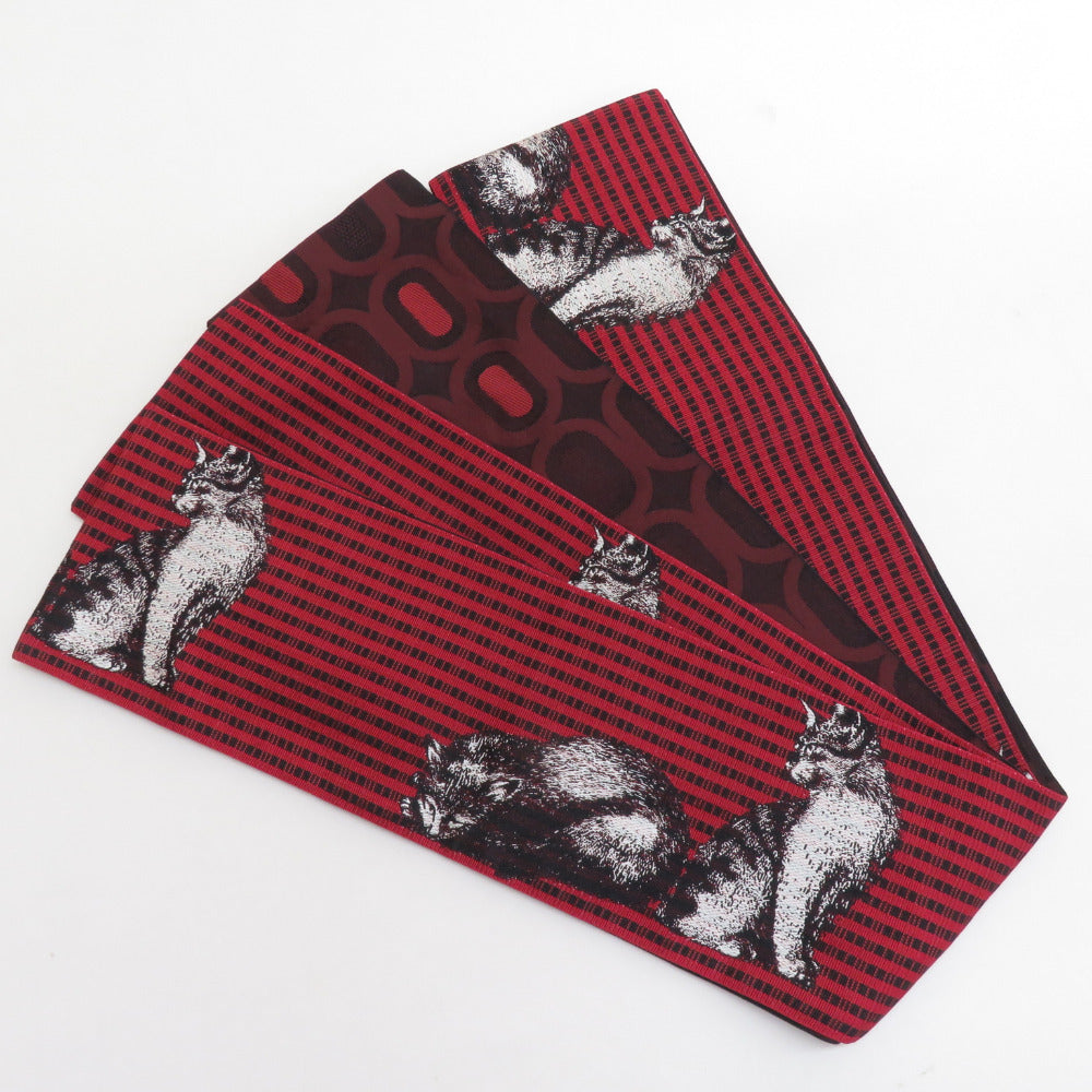 半幅帯 猫柄 縞柄 赤色ｘ黒色 カジュアル帯 ポリエステル ロング帯 