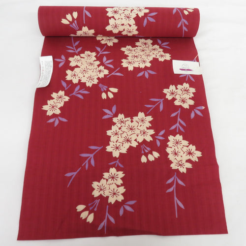 反物 浴衣用 木綿 着尺 桜柄 浜松織物 やまと謹製 赤紫色 日本製 未仕立て品 着物生地 長さ1200cm 美品