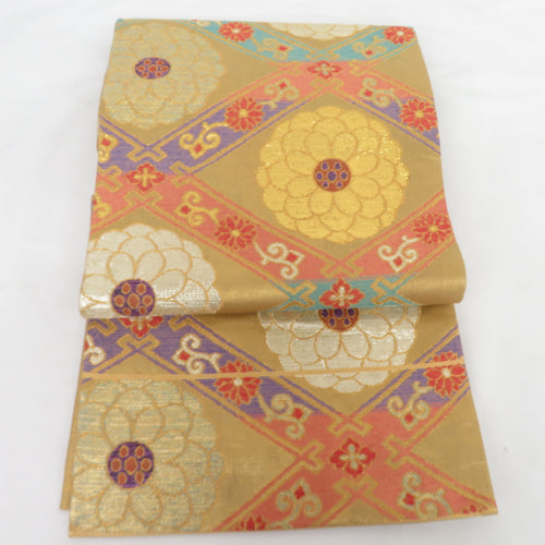 袋帯 格天井に菊 正絹 金糸 金色 六通柄 フォーマル 仕立て上がり 着物帯 長さ436cm