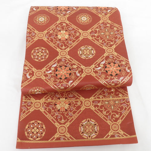 袋帯 格天井 正絹 金糸 赤茶色 六通柄 フォーマル 仕立て上がり 着物帯 長さ436cm 美品