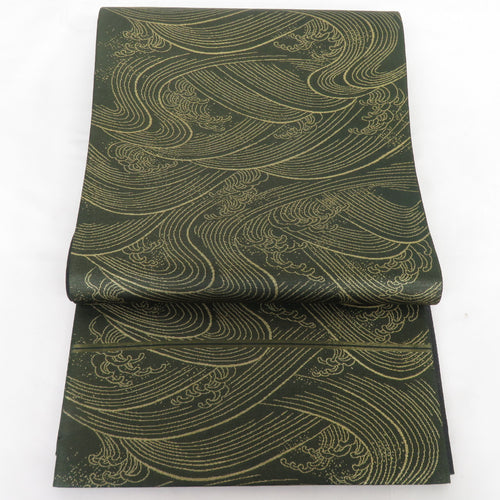 袋帯 波文 正絹 金糸 緑色 全通柄 フォーマル 仕立て上がり 着物帯 長さ430cm 美品