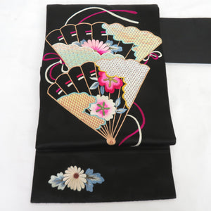 Nagoya Obi Silk Antique Japanese embroidery Japanese weaving fan pattern Pattern Kaiga nine -inch tailor -tailored Retro kimono length 361cm